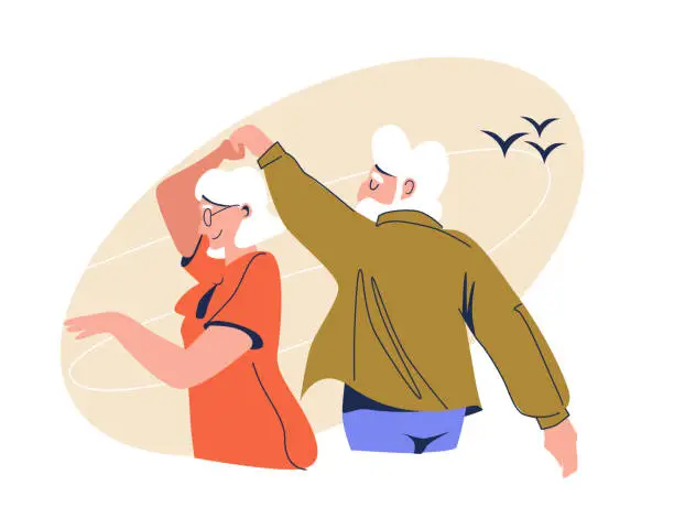 Elderly people dancing on the beach. Old bearded man dancing romantic dance with older woman. Vector illustration in cartoon style isolated on white background. Olive and pink colors